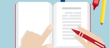 Illustration eines aufgeschlagenen Buches, in dem jemand liest mit einem Stift in der Hand.