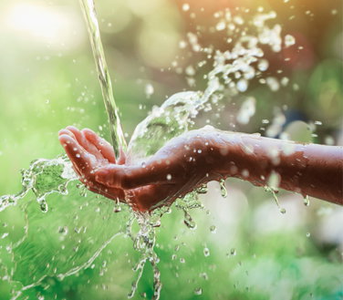 Eine Hand unter einem Wasserstrahl fängt Wasser auf.