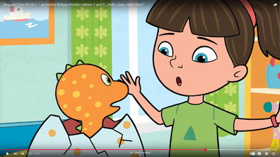 Jana und Dino PLUS 1 – animierte Bildgeschichte Lektion 1 und 2: „Hallo Jana. Hallo Dino.“
